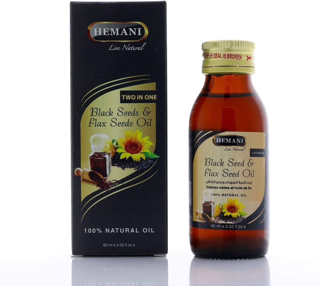 Hemani Cold- Pressed Black Seed og Hør Seed Oil Blend 60ml - Gluten- Gratis, Non- GMO, Høj i Omega 3, 6, & 9, Understøtter fælles, hjerne, og hjerte funktion