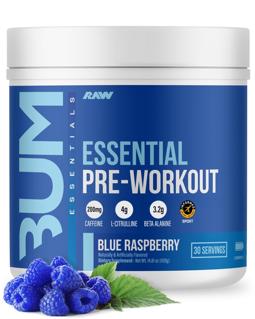 RAW Nutrition - Essential Pre - Chris Bumstead Pre Workout Formel, Sports Nutrition Pre-Workout Powders - 124; Mænd og kvinder drikke, Energy Powder til at arbejde ud (Blå Hindbær)