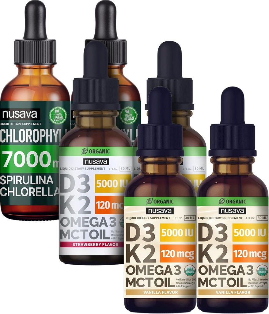 NUSAVA Strawberry Flavored D3 K2 Drops, Vanilla Flavored D3 K2 Drops, & Chlorophyll Liquid Drops Bundle - Potent flydende vitaminer til hjerte, fælles, energi, & immunforsvar - Non- GMO, Gluten- Free, 2pk