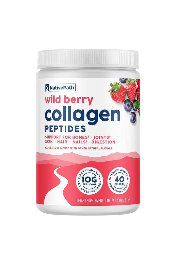NativePath Collagen Peptider - Hydrolyzed Type 1 & 3 Collagen. Keto & Paleo Grass- Fed Protein Powder for Hår, Hud, Nails, Bones, Joints, fordøjelse og mere - ingen gluten eller mælk (Wild Berry, 230g)