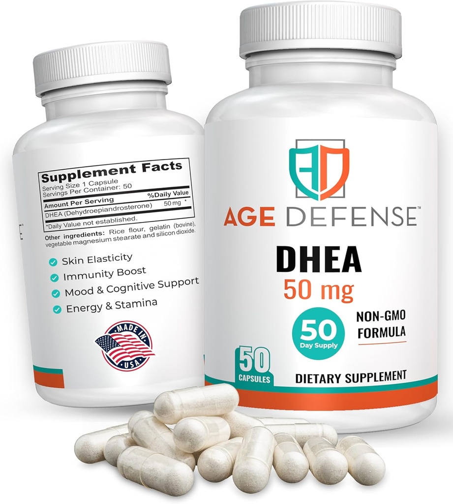 DHEA kapsler - DHEA kosttilskud - Natural Energy Support & Immunsupport - Understøtter Vitality, Hud Elasticitet, & Samlet Wellness - DHEA supplement til kvinder og mænd (50 mg)