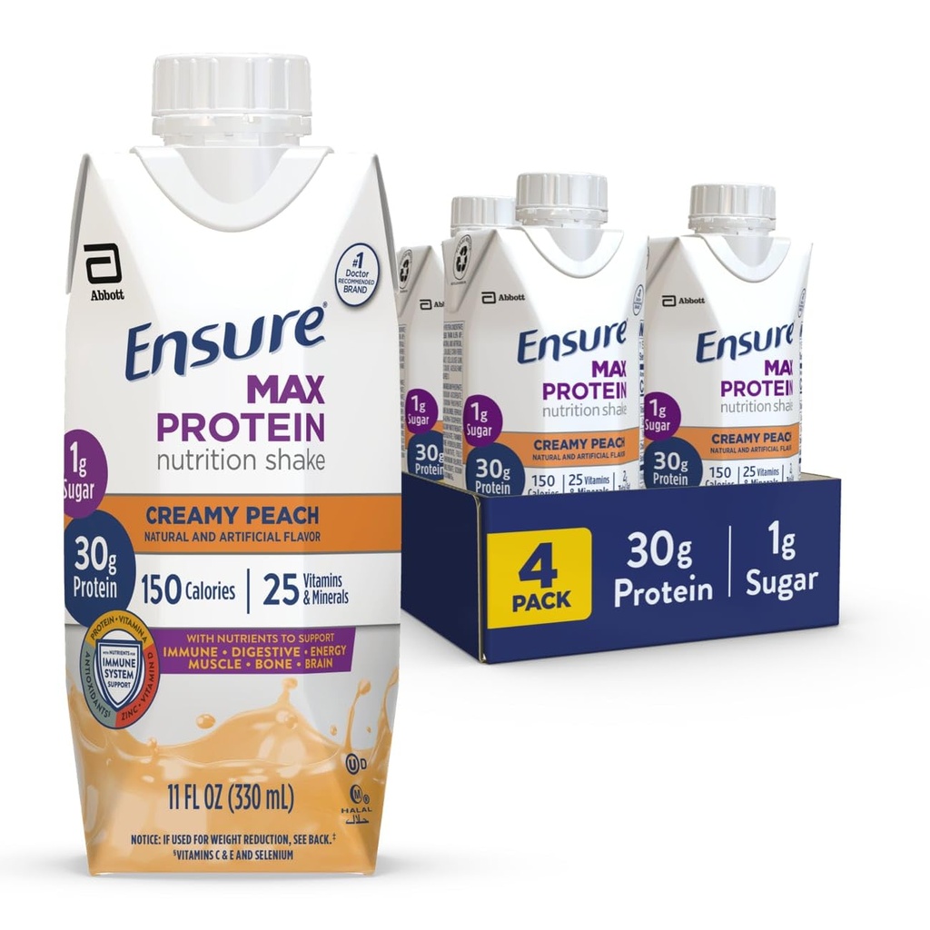 Sikre Max Protein Creamy Peach Nutrition Shake 124; 30g Protein, 1g Sukker, 4g Fiber Blend