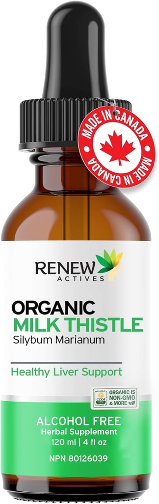 Renew Actives Milk Thistle Liquid Extract 110MG per 2ML - Lever Support Drops for Optimal Health - Ingen Alkohol, Non- GMO, Vegan - Understøtter lever funktion & fordøjelse - Made in Canada - 4 fl oz