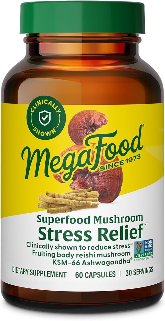 MegaFood Superfood Mushroom Stress Relief - Reishi Mushroom Supplement Klinisk Studerede at reducere stress - Læge Formuleret med Ashwagandha KSM 66 - Vegan, Gluten- Free - 60 Kapsler, 30 Servere