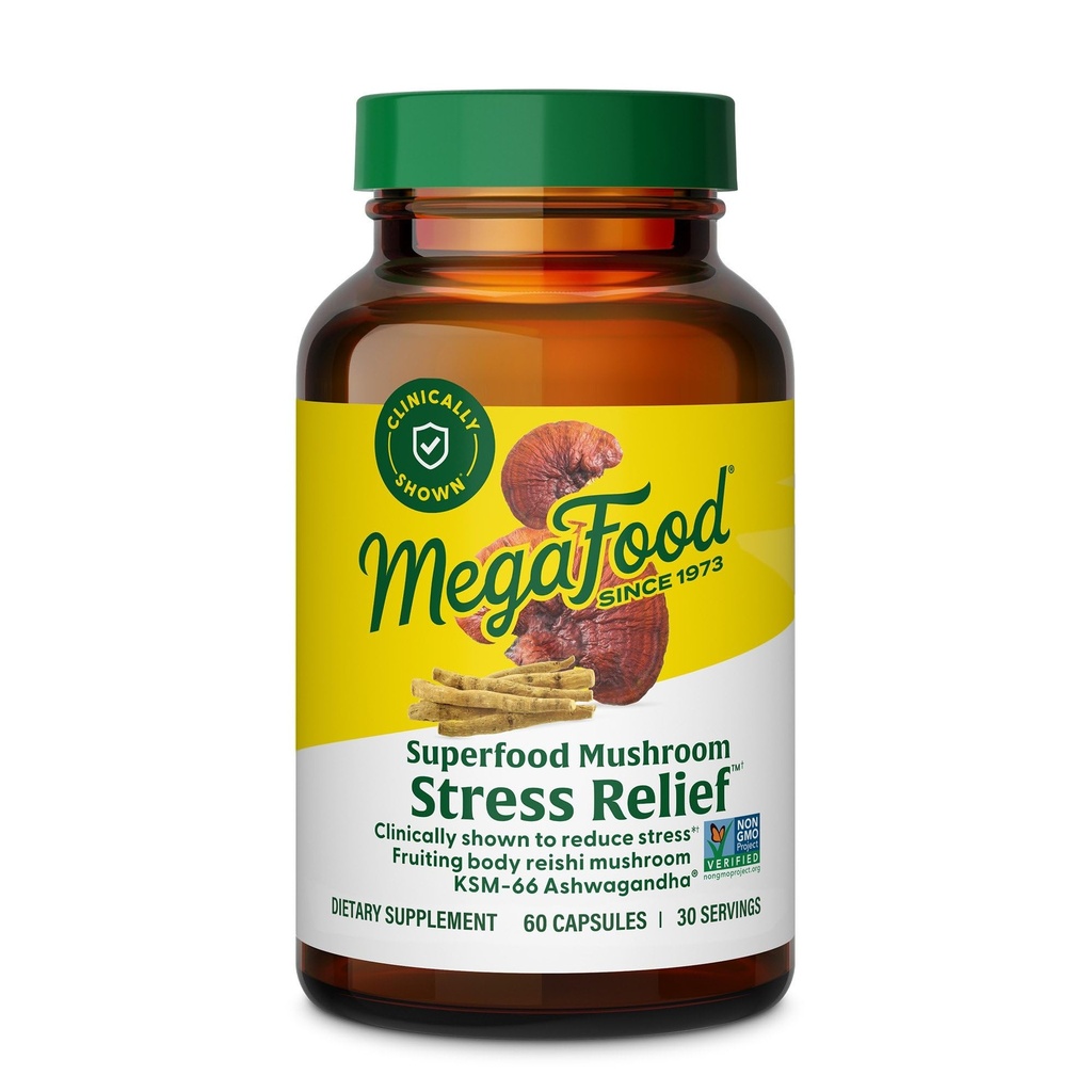 MegaFood Superfood Mushroom Stress Relief - Reishi Mushroom Supplement Klinisk Studerede at reducere stress - Læge Formuleret med Ashwagandha KSM 66 - Vegan, Gluten- Free - 60 Kapsler, 30 Servere
