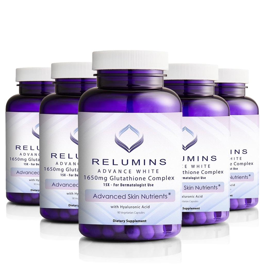 Reluminer L- Glutathione Complex 1650mg - Antioxidant Support med Alpha Lipoic Acid, NAC, L- methionin, E-vitamin, Hudsundhed supplement, Lavet i USA - 90 Vegetariske kapsler x 5 Flasker