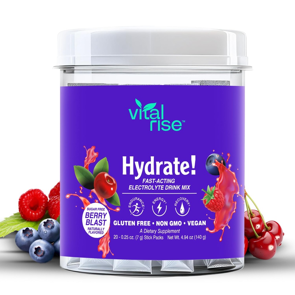 Vital Rise ® Hydrate! - Berry Blast - Hydration Powder Packets # 124; Lavnatriumelektrolyte Drink Mix # 124; Easy Open Single- Serving Stick # 124; Non- GMO 'er # 124; 20 Servering (pakke med 1)