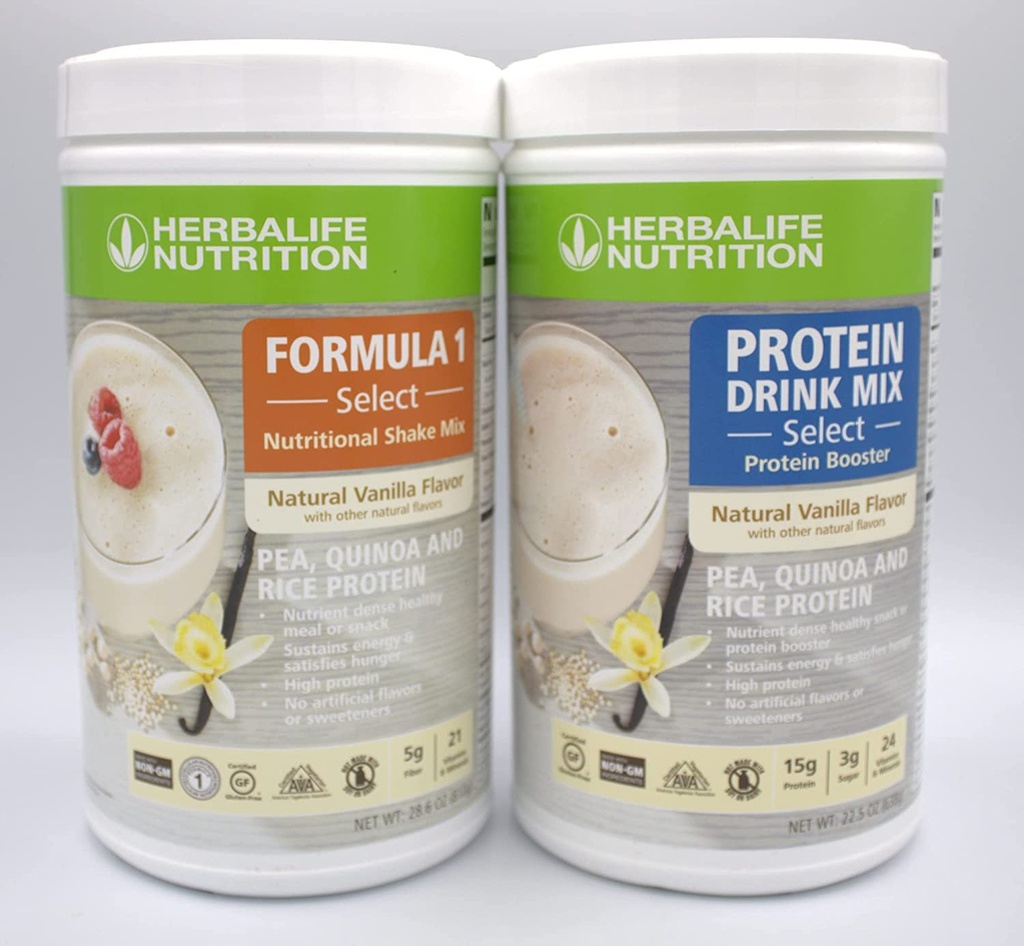 Herbalife DUO: Formula1 Select (Natural Vanilla Flavor 810g) og Protein Drink Mix 638g), Nutrient Dense Sund Måltid eller Snack, Ingen kunstige sødestoffer, Gluten- fri pakke med 2