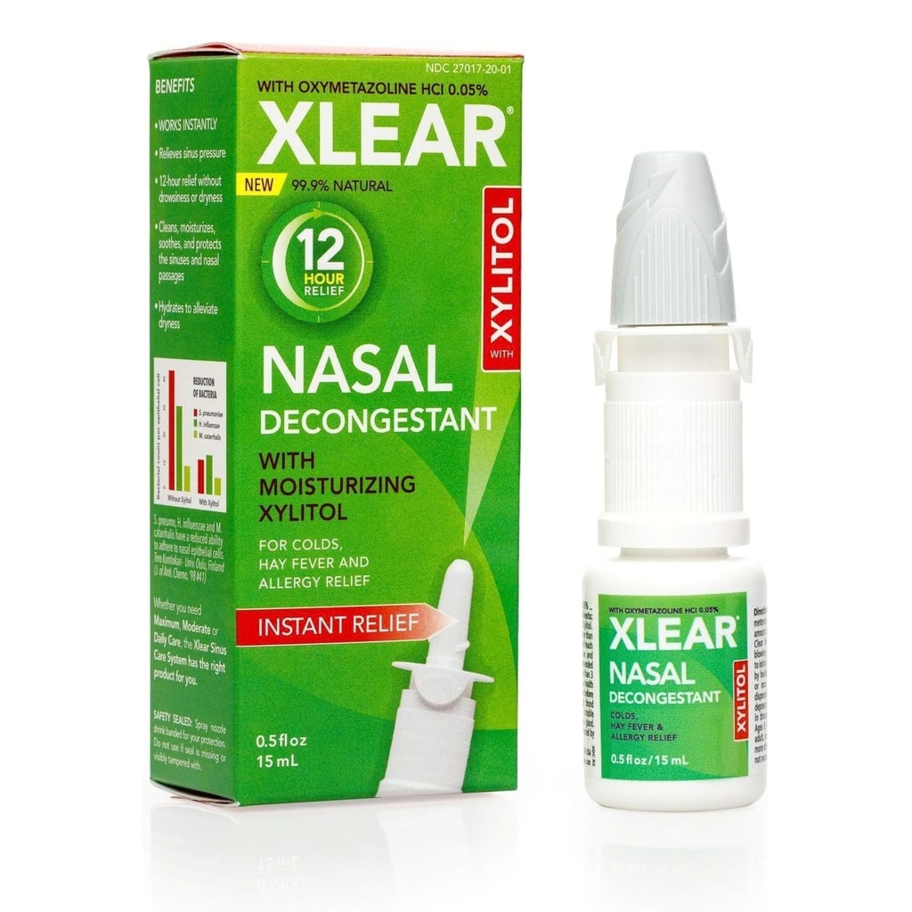 Xlear 12- Hour Nasal Decongestant Spray, Natural Saline Nasal Spray med Xylitol og Oxymetazolin, Instant Sinus Tryk og Congestion Relief for børn og voksne 0,5 fl oz (pakke med 1)