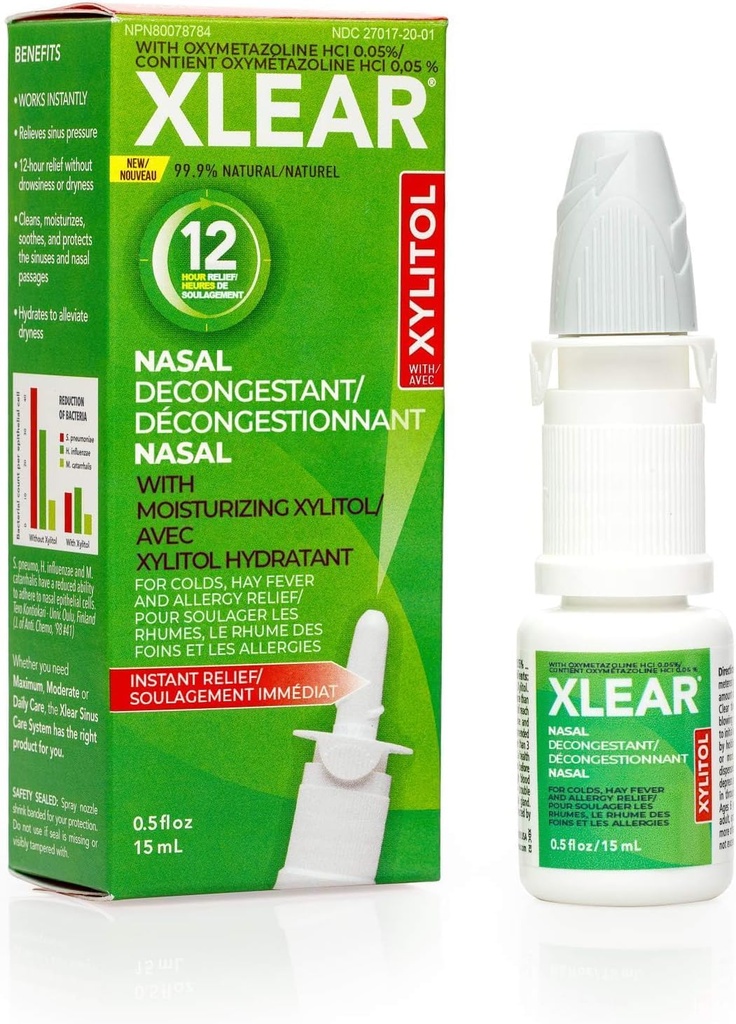 Xlear 12- Hour Nasal Decongestant Spray, Natural Saline Nasal Spray med Xylitol og Oxymetazolin, Instant Sinus Tryk og Congestion Relief for børn og voksne 0,5 fl oz (pakke med 1)