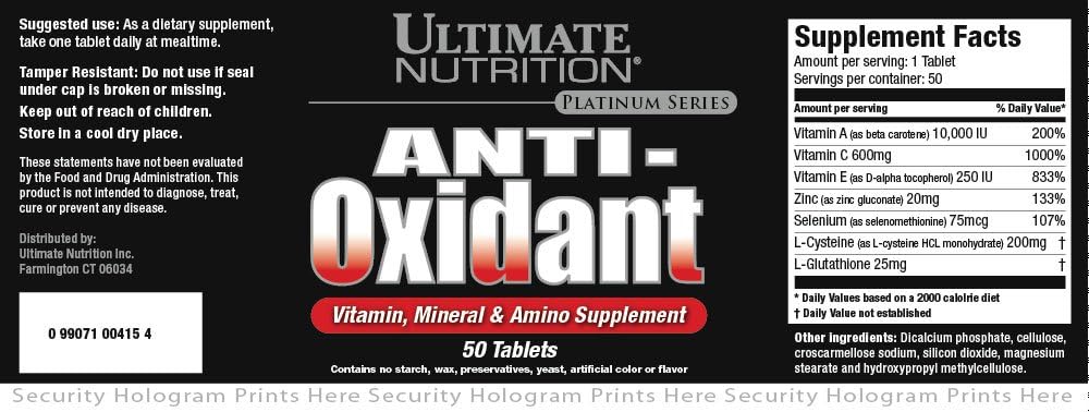 Ultimate Nutrition Antioxidant Vitamin, Mineral og Amino supplement (50 tabletter)
