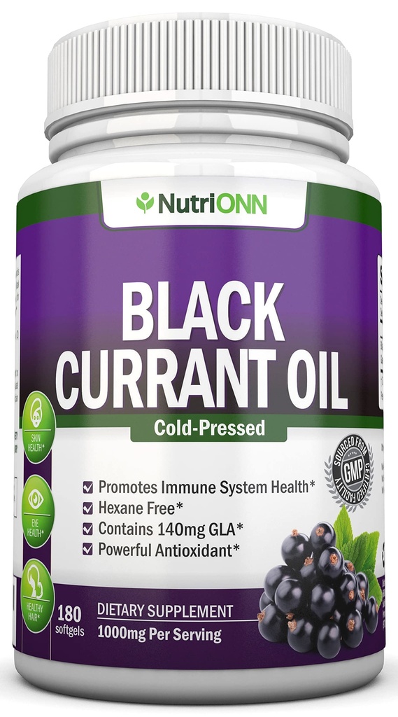 Black Currant Oil - 1000 Mg - 180 Softgels - Cold- Pressed Pure Black Currant Seed Oil - Hexane Free - 140mg GLA Per Servering - Regulerer Hormonal Balance - Great for immunsystem, hår og hud