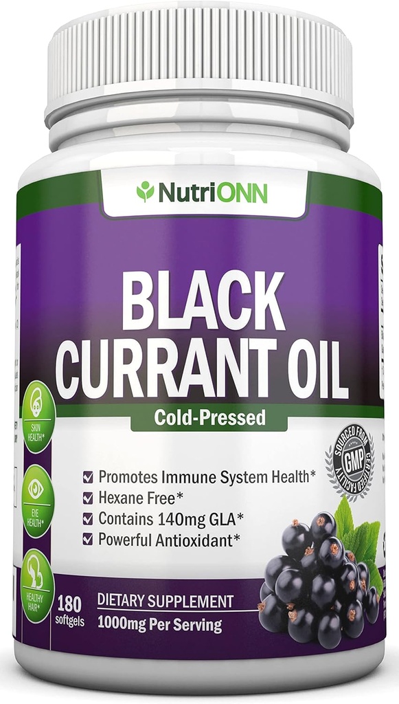 Black Currant Oil - 1000 Mg - 180 Softgels - Cold- Pressed Pure Black Currant Seed Oil - Hexane Free - 140mg GLA Per Servering - Regulerer Hormonal Balance - Great for immunsystem, hår og hud