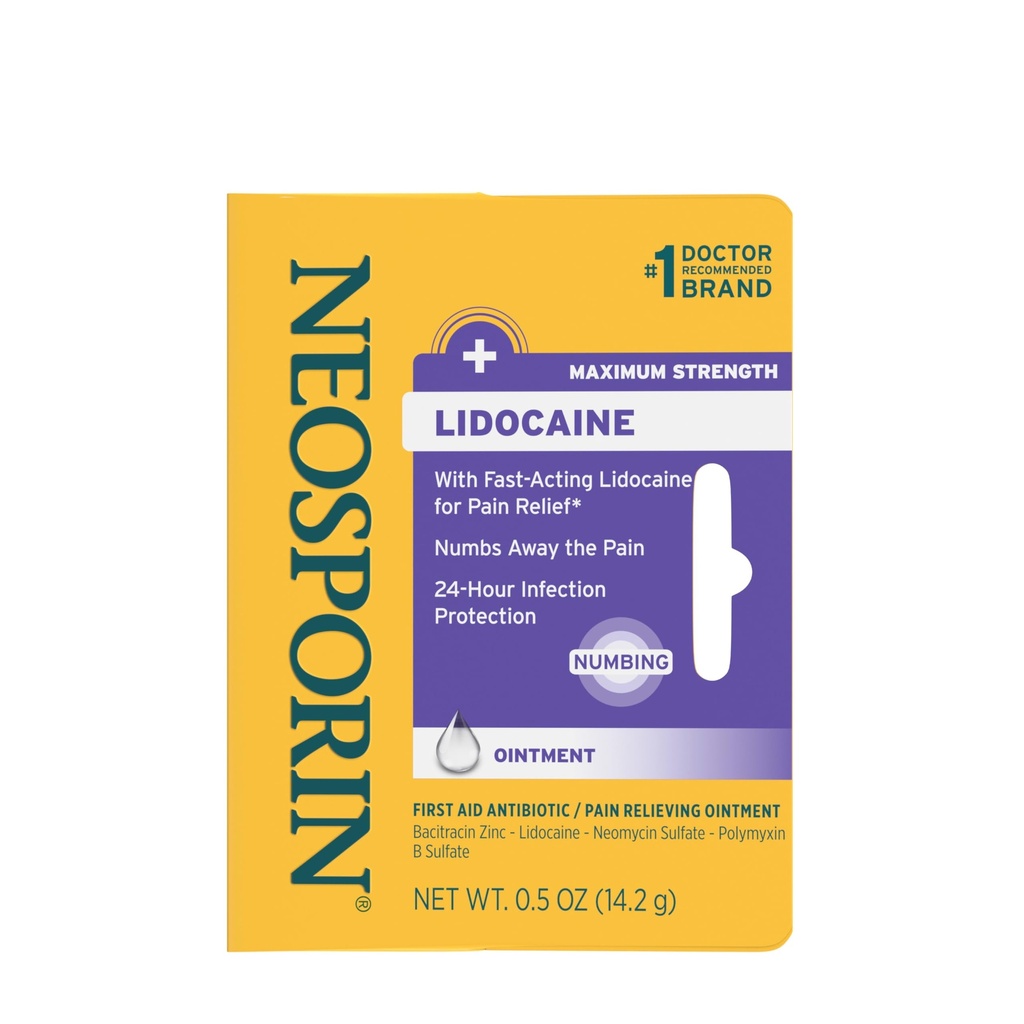 Neosporin + Lidocain førstehjælp Antibiotisk salve, maksimal styrke & fast- fungerende tematisk smerte Reliever, 24-timers infektion beskyttelse, der tæller væk smerten, Bacitracin Zink, 0,5 oz