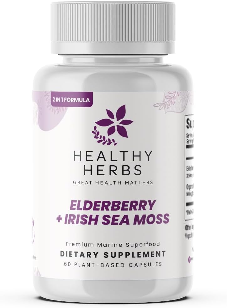 Sunde urter Vildlavede Elderberry Sea Moss Kapsler 124; 2600mg Irish Sea Moss + Elderberry Essentials Blend 124; US- Made, Vegan, Non- GMO, Easy- Swallow (60 Kapsler)