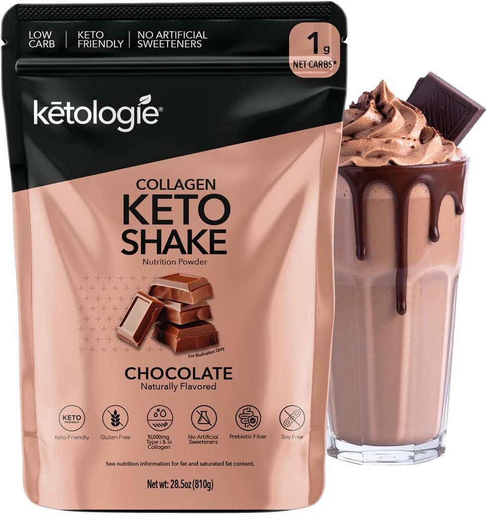 Keto Collagen Shake (Chokolade) - med kokosolie, Prebiotika, Grass Fed Hydrolyzed Collagen Peptider Type I & III, Lav Carb, Gluten Free, 1.78lbs. (810g)