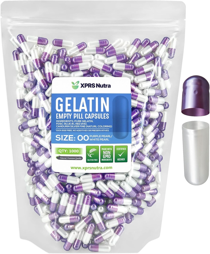XPRS Nutra Size 00 Empty Capsules - 1000 Count Empty Gelatin Capsules - Pills DIY Capsule Filling - Fillable Pill Gel Caps for DIY Supplements (Pearl Purple/White)