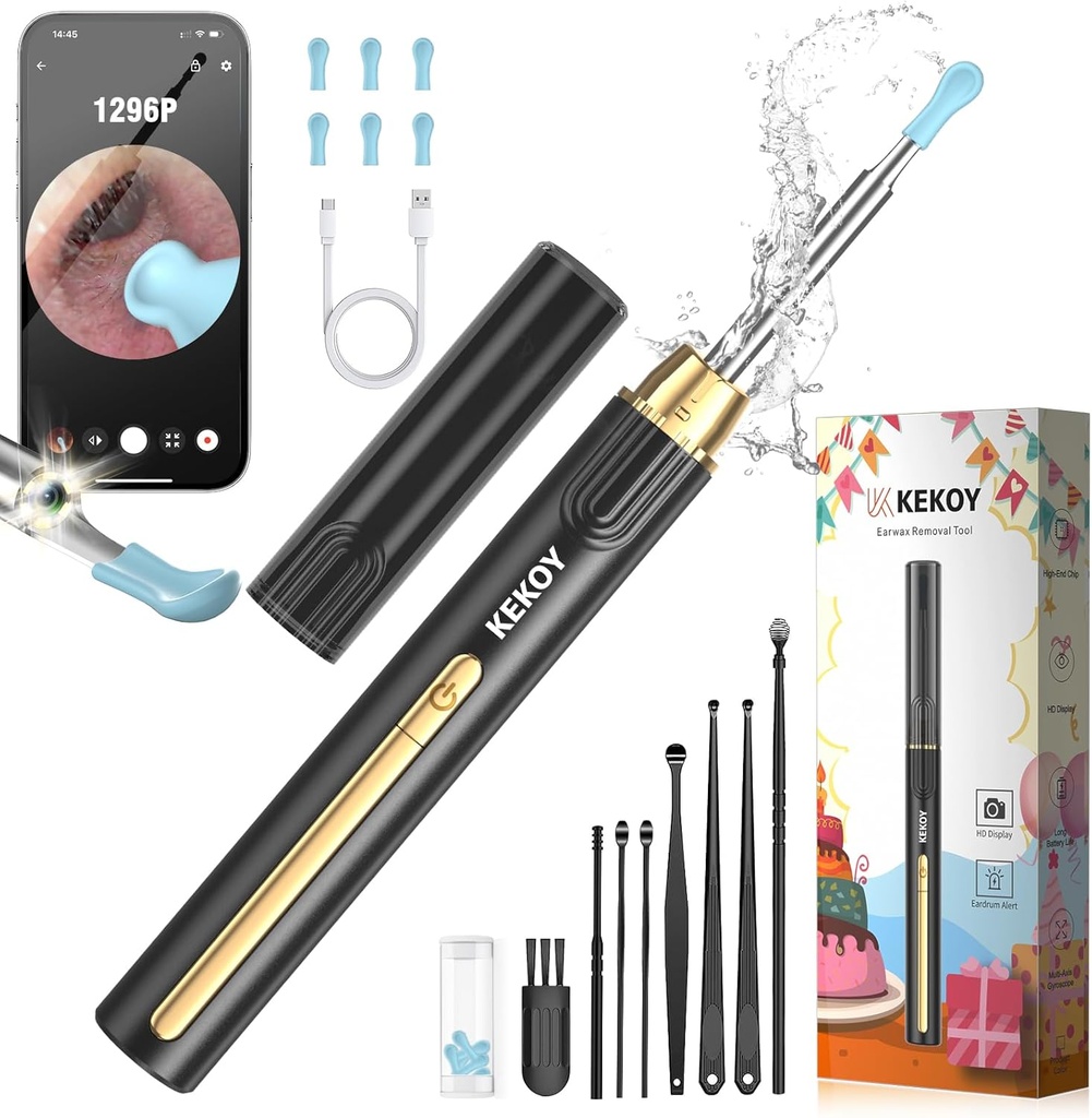 Kekoy Ear Cleaner med kamera til jul, 1296P HD Ear Wax Removal Tool Camera, WiFi Otoscope med lys til Ørerengøring, Ear Endoscope til iOS & Android, med 8 stk Øresæt (Guld)
