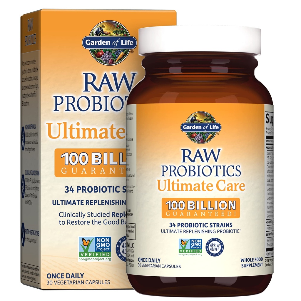 Have af liv Probiotika for kvinder og mænd - Raw Probiotika Ultimate Care 100 Millioner CFU Probiotisk supplement, Daglig Probiotika for voksne med fordøjelige enzymer, 30 kapsler