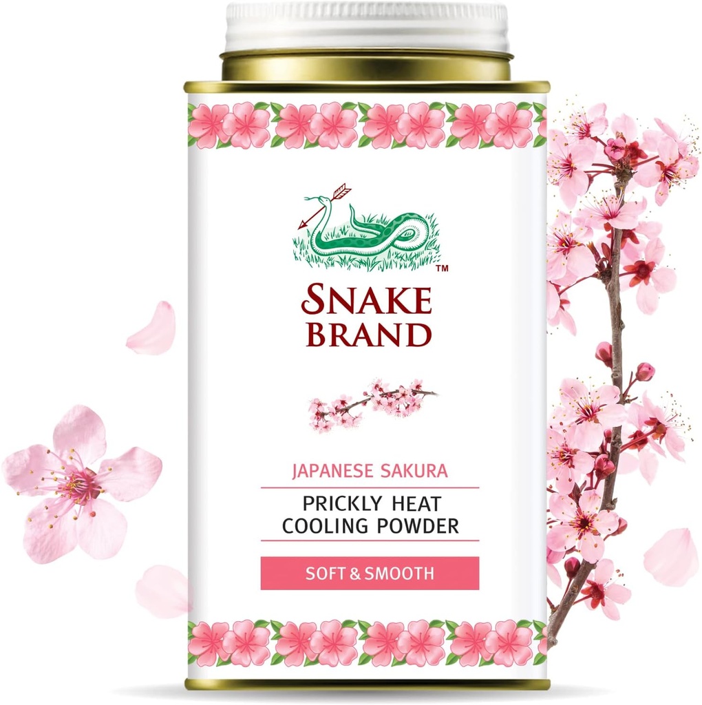 Snake Brand Prickly Heat Cooling Powder for Everyday Use - Anti- Chafing, Heat Udslæt Relief, Soft Sakura Duft (4.9 Oz / 140g)