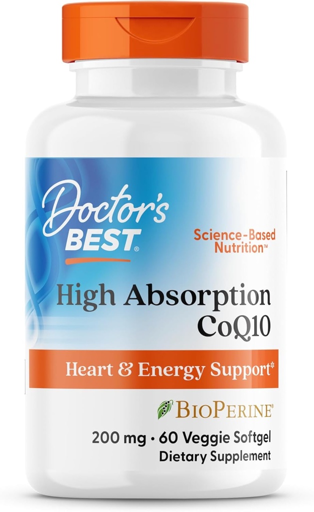 Doctor 's Best High Absorption COQ10, Heart & Energy Support, USP Verified, Naturlig Fermenteret CoQ10, Non- GMO Gluten Free, Soy Free, 60 Veggie Softgels