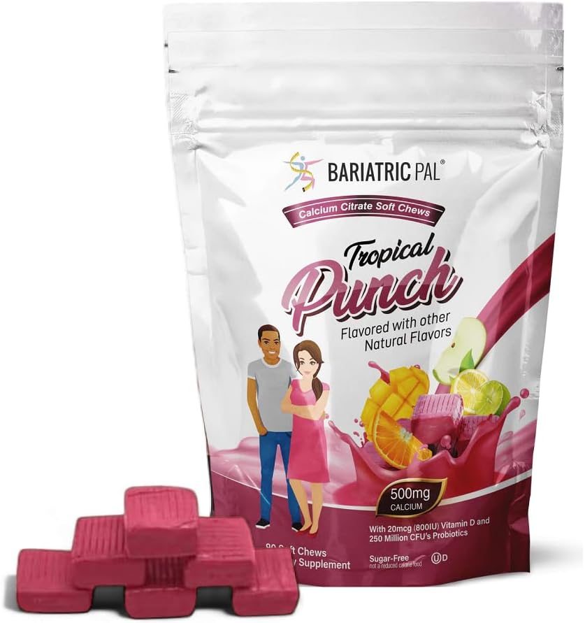 BariatricPal Sugar- Free Calcium Citrate Soft Chews ttesmå 124; 500mg med D-vitamin & probiotika ttesmå 124; Tropical Punch Medical 124; 90 Greve (1 måned Tilgang)
