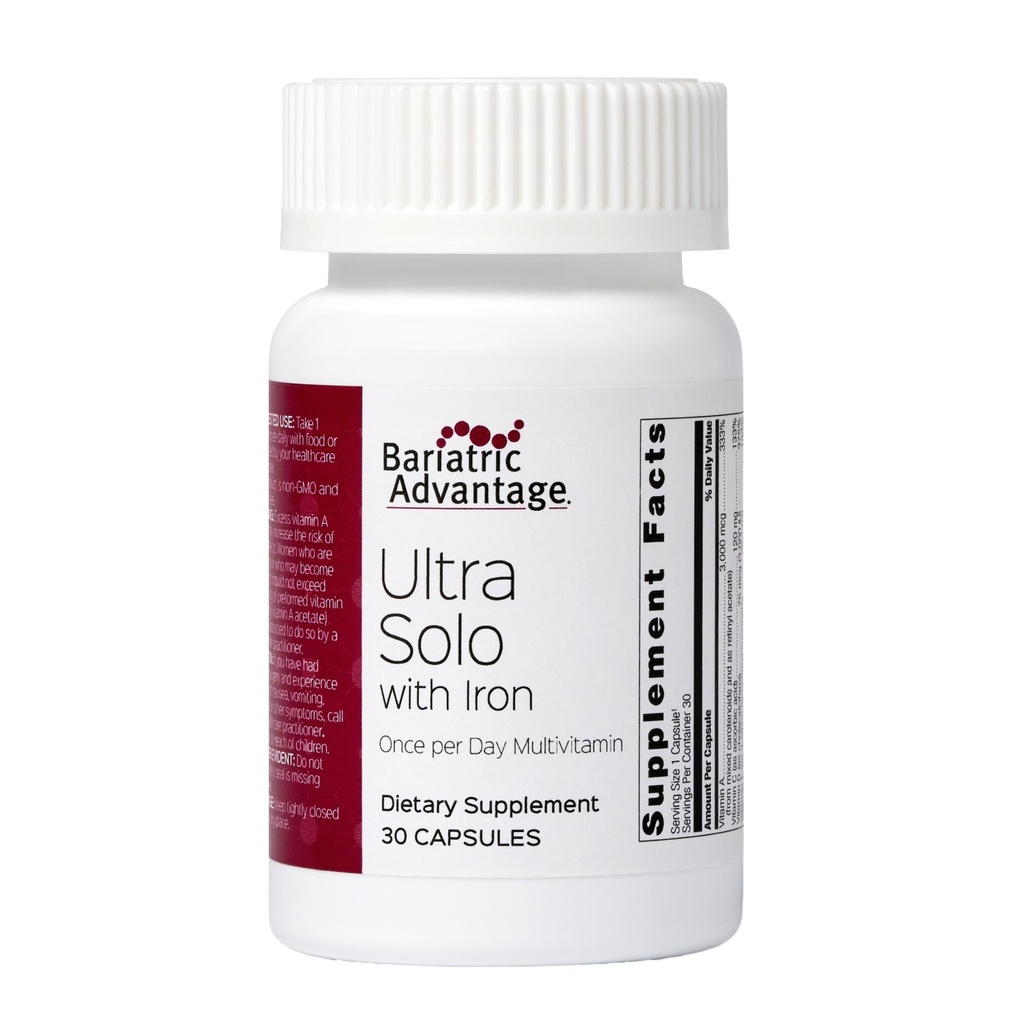 Bariatric Advantage Ultra Solo med jern - Once- Per- Day Daily Multivitamin - for Bariatric Patienter - med thiamin, vitamin A & mere - Gluten Free - 30 kapsler
