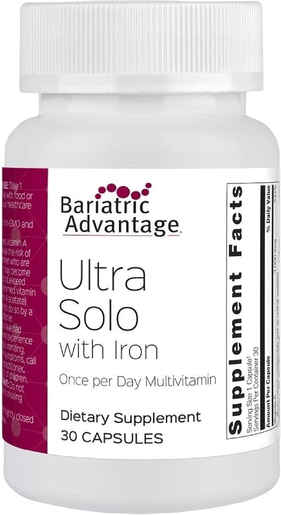 Bariatric Advantage Ultra Solo med jern - Once- Per- Day Daily Multivitamin - for Bariatric Patienter - med thiamin, vitamin A & mere - Gluten Free - 30 kapsler