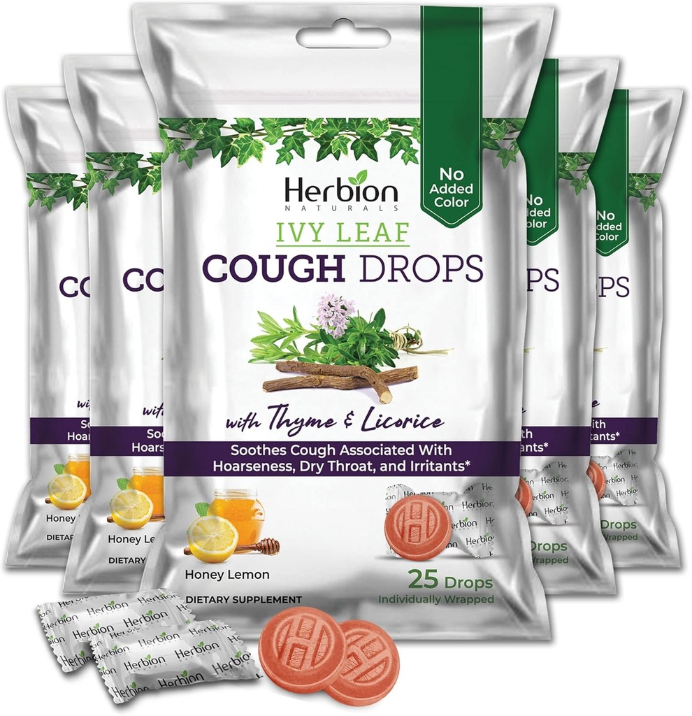HERBION Naturals Ivy Leaf Host Drops med Thyme & lakrids, Honey Lemon Flavor, Sodhes Host, for voksne & børn over 6 år, 125 Greve, pakke med 5