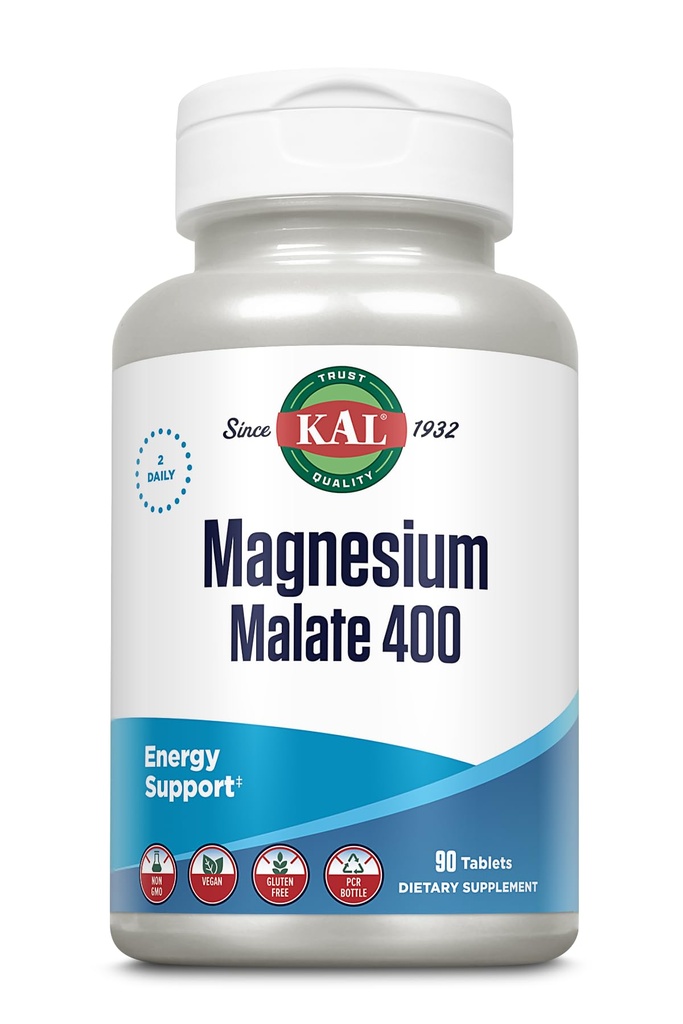 KAL Magnesium Malat 400mg, Chelated Magnesium Supplement med Malic Acid, Sund Energi & Muscle Funktion Support, Forbedret Absorption, Vegan, Non- GMO, 45 Servering, 90 Veg Tabs