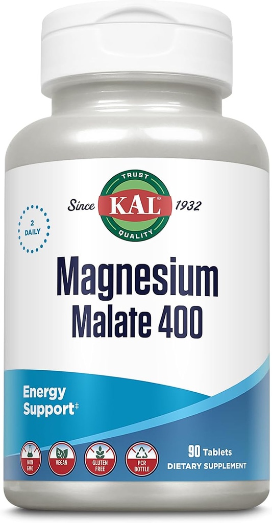 KAL Magnesium Malat 400mg, Chelated Magnesium Supplement med Malic Acid, Sund Energi & Muscle Funktion Support, Forbedret Absorption, Vegan, Non- GMO, 45 Servering, 90 Veg Tabs