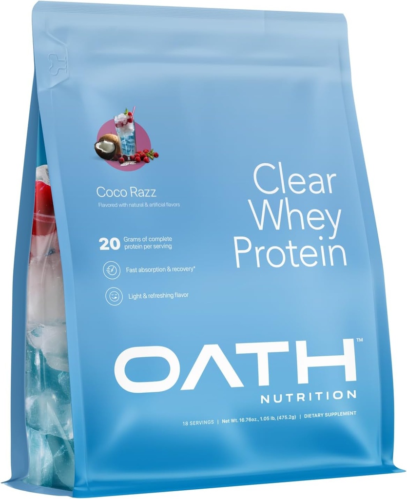 Oath Nutrition Clear Whey Isolate Protein Powder, Coco Razz, 20g komplet protein per servering, Ingen tilsat sukker, Grass- Fed, 18 Servere