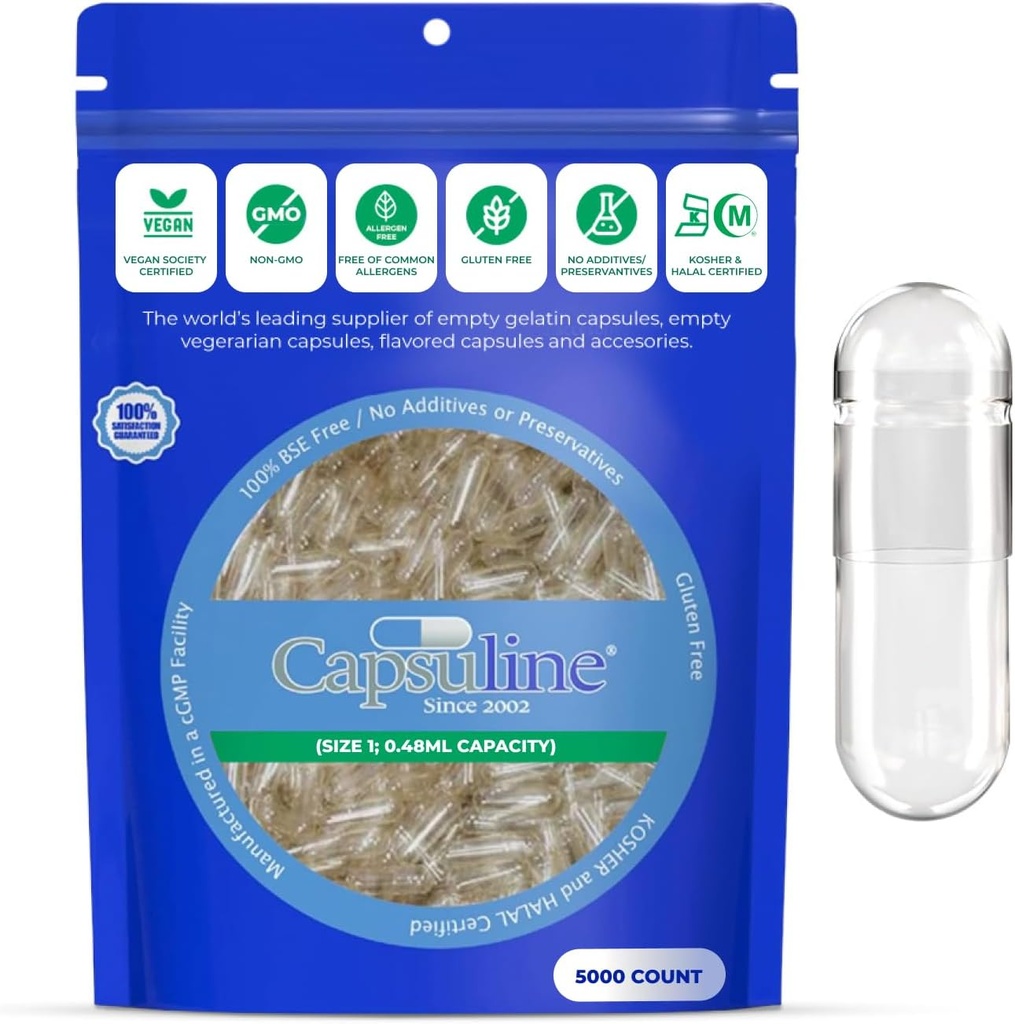 Capsulin Størrelse 1 - Clear Tom Vegan Kapsler - 5000 Tomme Veggie Pill Kapsler - DIY Vegetabilsk Kapsel Fyldning - Tomme Caps - Kosher og Halal Certified - Non-GMO Certified