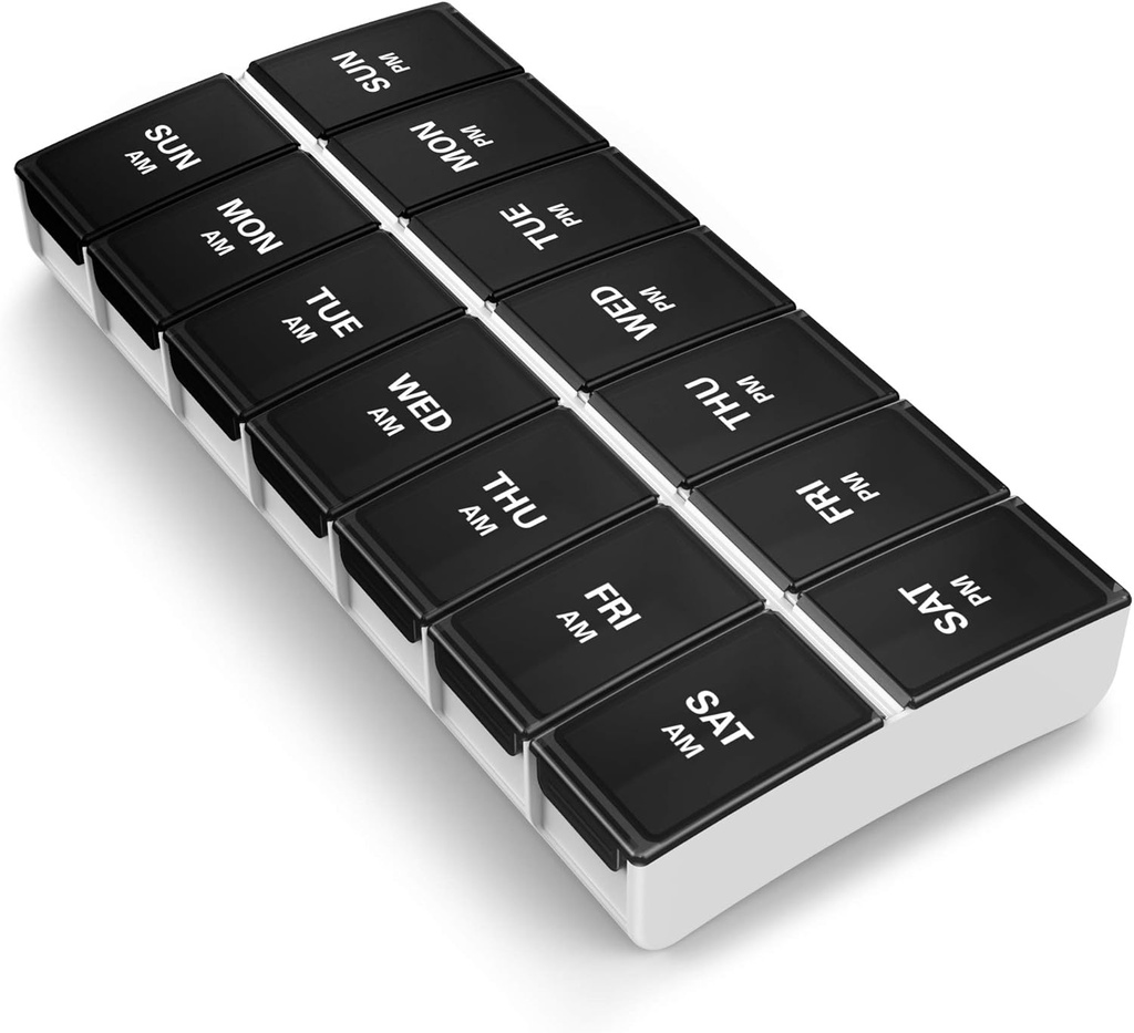 BOG HULL 7-Dag AM / PM Pill Organizer - Bærbar Pill Box, Rejsetilfælde, Sort