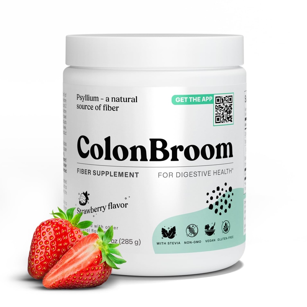 ColonBroom Psyllium Husk Powder (Strawberry) - Colon Cleanse for Bloating Relief & Gut Health - Colon Broom Fiber Powder Drikke - Vegan, Gluten Free, Non- GMO Fiber Powder Supplement, 50 Servere