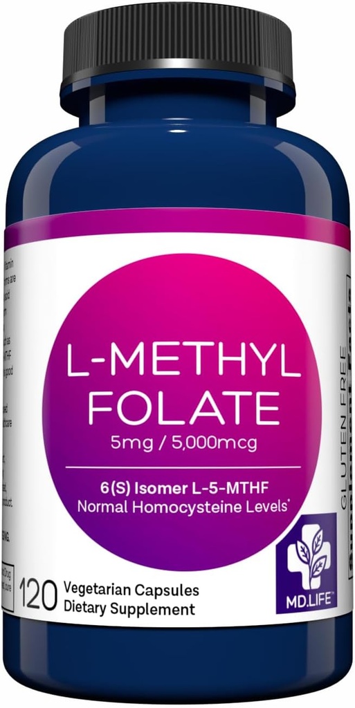 MD Life L- Methylfolat 5 mg Supplement - Professionel - Grade Aktiv L Methylfolat Supplement - 120 kapsler - L- Methylfolat 5 mg - Maksimal potens MTHFR W / essentielle aminosyrer