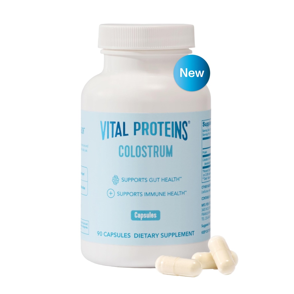 Vital Proteins Bovine Colostrum Supplement 90 Kapsler til Gut Health, immunforsvar med 40% IgG Premium Bovine Colostrum Superfood, Unflavored, 30 Servere