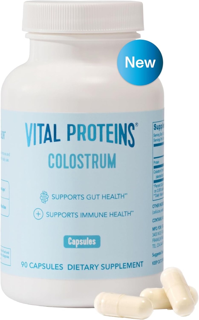 Vital Proteins Bovine Colostrum Supplement 90 Kapsler til Gut Health, immunforsvar med 40% IgG Premium Bovine Colostrum Superfood, Unflavored, 30 Servere