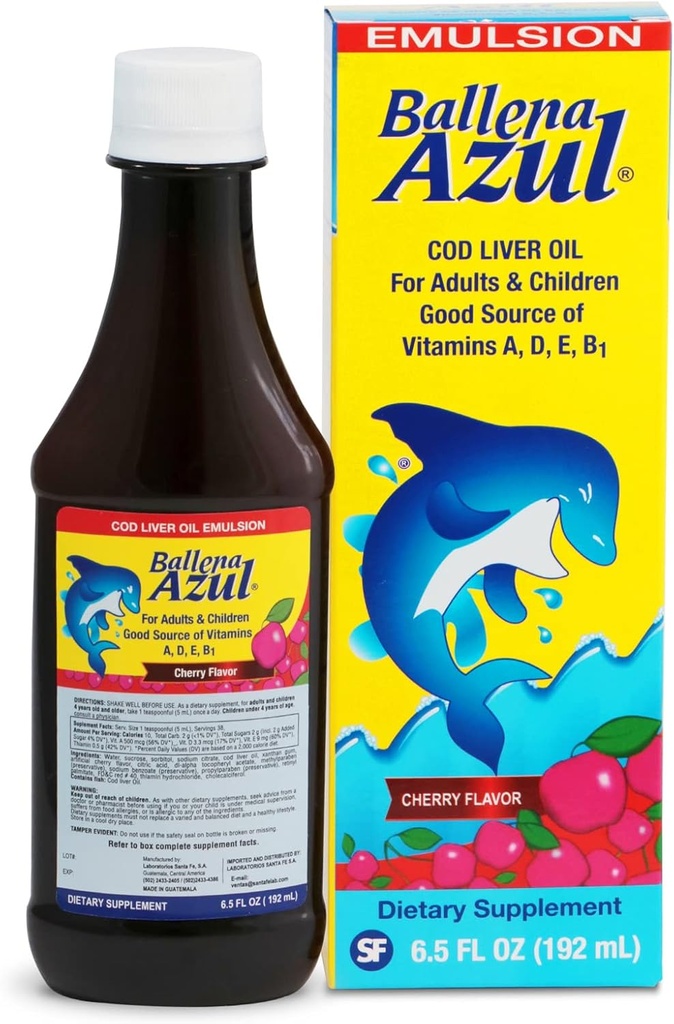 Ballena Azul Aceite de Hígado de Bacalao para Adultos y Niños, COD Leverolie til voksne og børn, God kilde til vitaminer A, D, E, B1, Kosttilskud, Omega 3