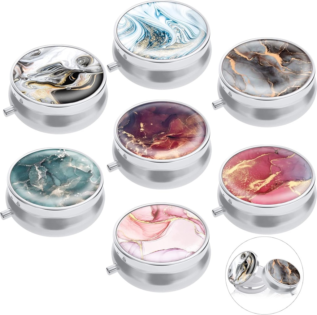 7PCS Round Pill Box Case, ULENDIS 3 Segment Portable Cute Pill Case Medicine Tablet Vitamin Holder Organizer, Dekorative Maleri Medicines Storage Container til Purse Pocket Travel Gave