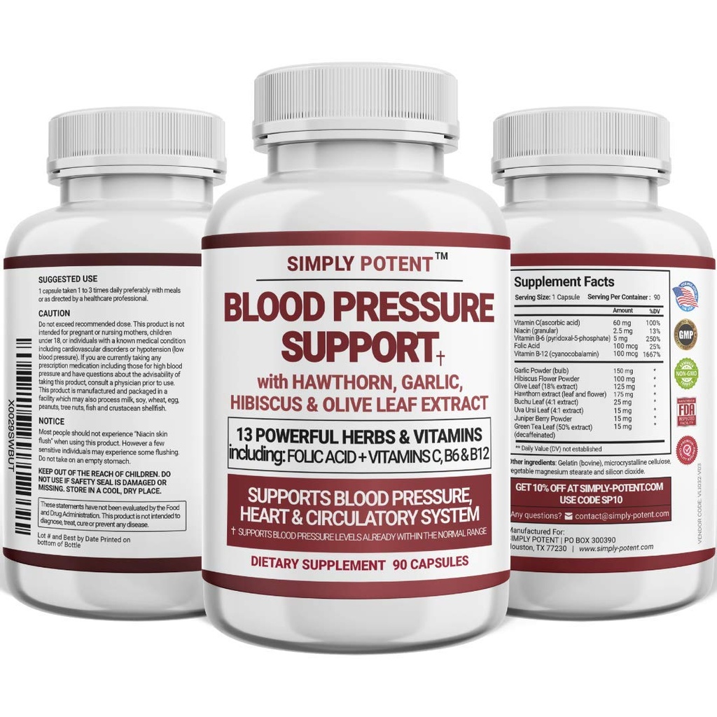 Blodtrykssupporttilskud - Sund hjerte, Cholesterol, Cardio, Hypertension, High BP - 13 Vitaminer & urter - Folinsyre, Vitaminer C B6 & B12, Hawthorn Olive Leaf Hvidløg Hibiscus, 90 Capsule