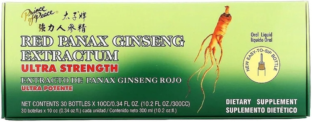 Prince Of Peace Red Panax Ginseng Extractum Ultra Strength, 0,34 fl. oz. Hver - Brain Boosting Supplement - Red Panax Ginseng Skud - Support Energy, Mood, & Focus - 2 Pack - 20 flasker