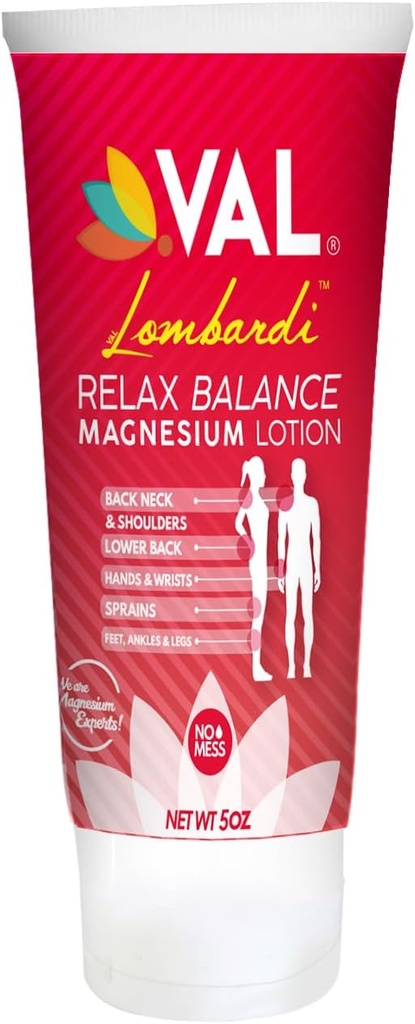 VAL Lombardi Relax Balance Magnesium Lotion • 124; Arnica, Campher & Menthol • 124; Hurtig Relief for Joints, Muskler, Ryg, Skuldre, Feet • 124; Non- Greasy • 124; 5oz