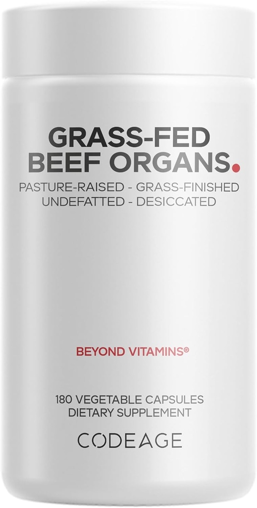 Kodeage Græs Fed Beef Organs Supplement - Glandulars Kosttilskud - Fryse Tørret, Ikke-Defatted, Dedikeret Lever, hjerte, Nyre, Pancreas & Milten Bovine Pills - Oksekød Vitaminer - Non-GMO -180 Kapsler