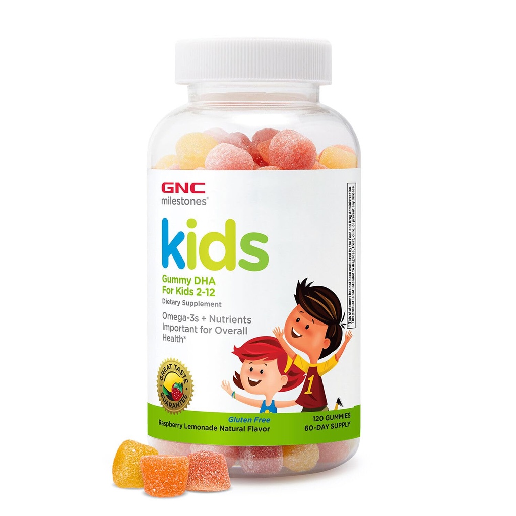 GNC Milepæle Kids DHA Gummies, Kids Age 2-12, Omega- 3s, Eye and Brain Function & Development, Vitamin A & D, Sunde tænder & knogler, Gluten Free, Ingen kunstige flavors, Hindbær Lemon, 120 Gummies
