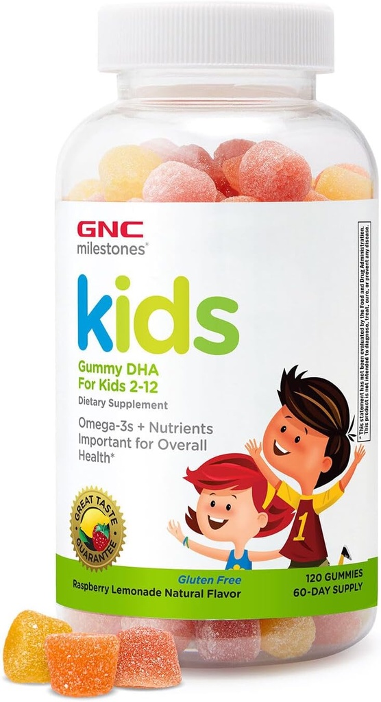 GNC Milepæle Kids DHA Gummies, Kids Age 2-12, Omega- 3s, Eye and Brain Function & Development, Vitamin A & D, Sunde tænder & knogler, Gluten Free, Ingen kunstige flavors, Hindbær Lemon, 120 Gummies