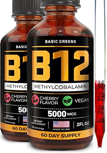 Vitamin B12 Sublingual Liquid Drops 5000 mcg - Vegan Methyl B- 12 Supplement for Energy & Focus - B 12 Vitamin til kvinder & mænd - Hurtig Absorption Methylcobalamin - 120 Servering - 4 fl oz