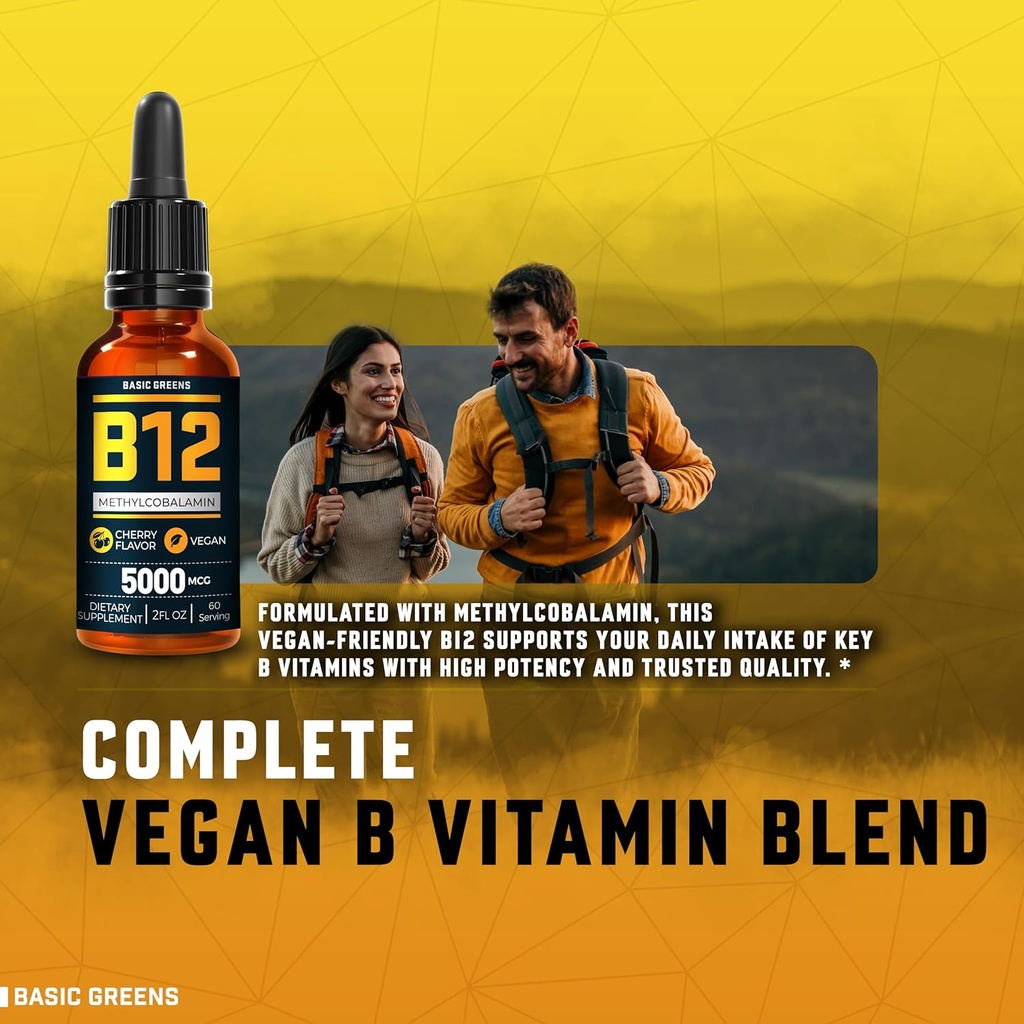 Vitamin B12 Sublingual Liquid Drops 5000 mcg - Vegan Methyl B- 12 Supplement for Energy & Focus - B 12 Vitamin til kvinder & mænd - Hurtig Absorption Methylcobalamin - 120 Servering - 4 fl oz