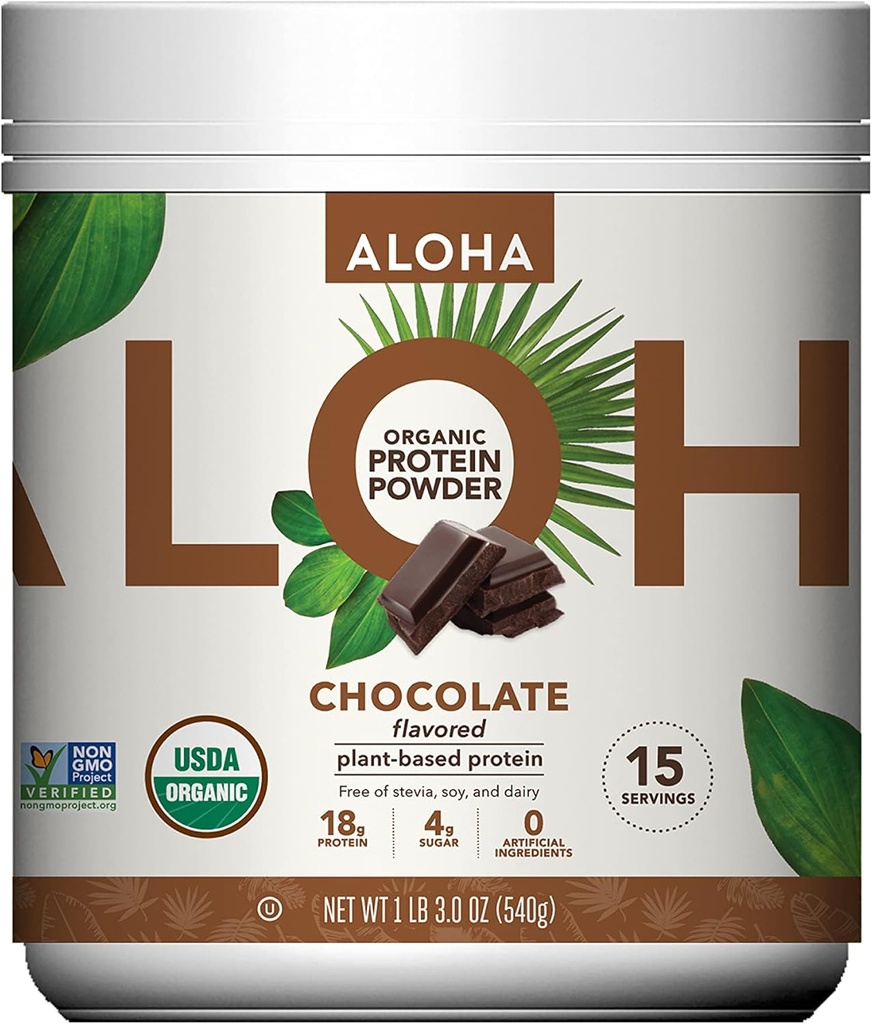 ALOHA Organic Plant Based Protein Powder, Stevia Free, Chocolate, 19.6 oz, 15 Servings