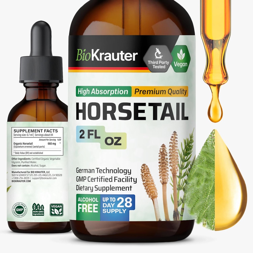BIO KRAUTER Horsetail Tinktur - Horsehale Herb til hårstøtte - Pure Ingredients - Alkohol og Sukker Free Vegan Drops 2 Fl.Oz.